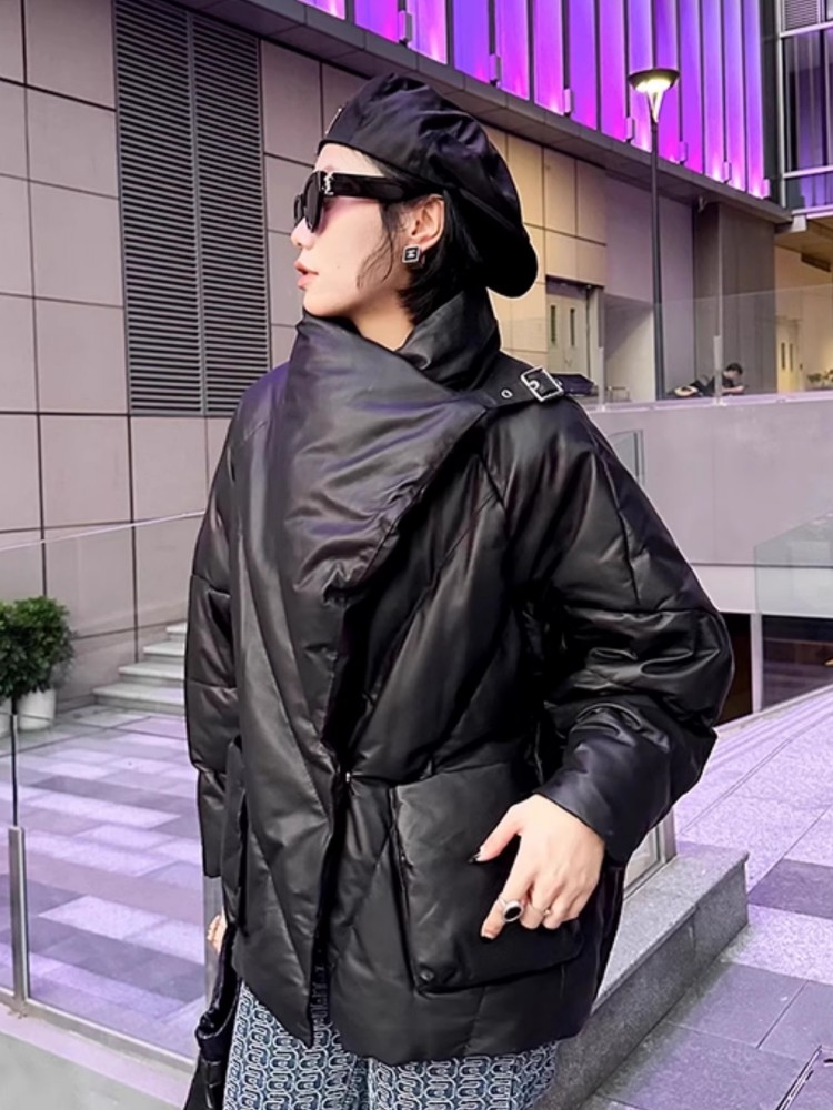 Matte Genuine Leather Women Down Coat Winter New Style Loose Fit High Street Hip Hop Fashion Warm Large Lapel Sheepskin Jacket