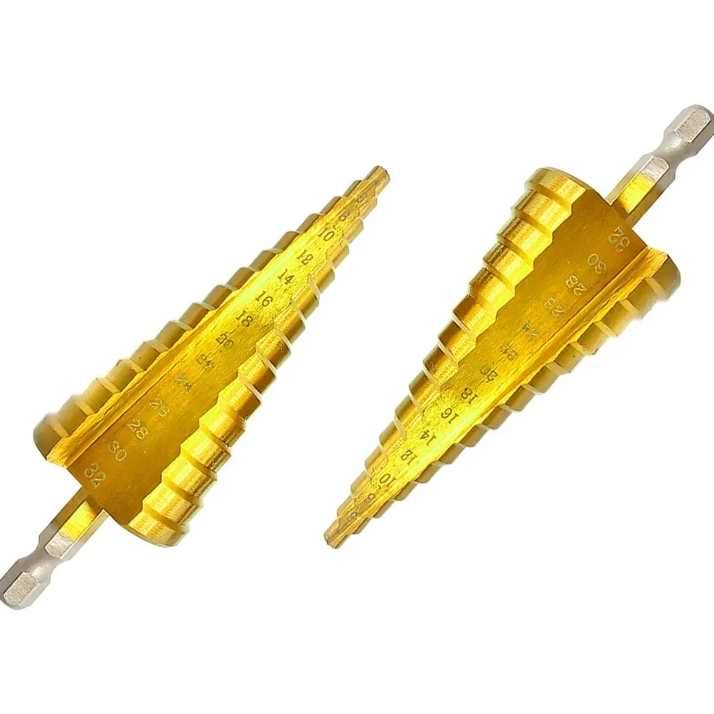 1PC Titanium Plated Hexagonal Straight Groove Step Drill 4-32mm Reaming Pagoda Drill Bit Hole Opening Step Drill Tool