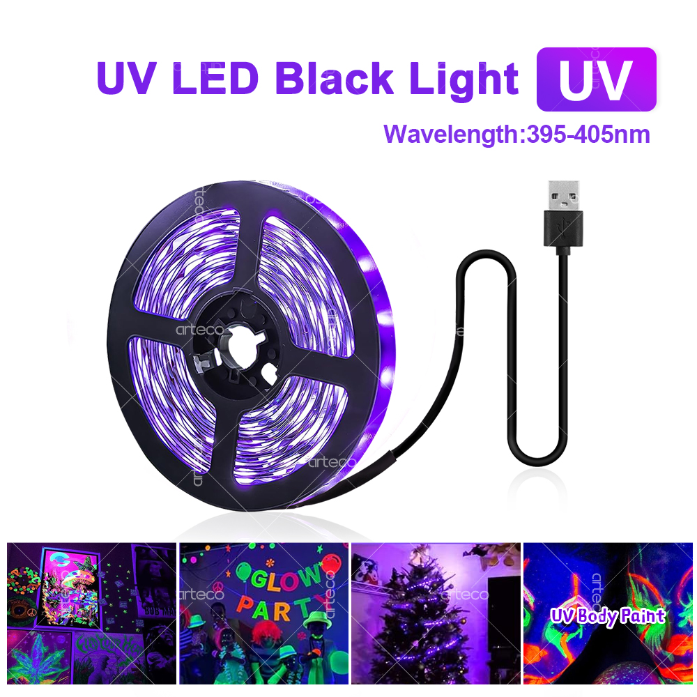 USB UV LED Strip Light GLOW ใน Dark LED Blacklight 385-400nm อัลตราไวโอเลต UV โคมไฟสําหรับฮาโลวีนเรืองแสง PARTY Neon โปสเตอร์