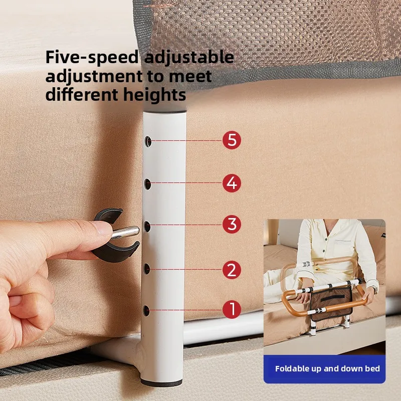 Bed Rails Standing Aid Rail Adjustable Height Bed Assist Bars with Storage Pocket, Handrail Can Be Folded Bed Rail for Elderly