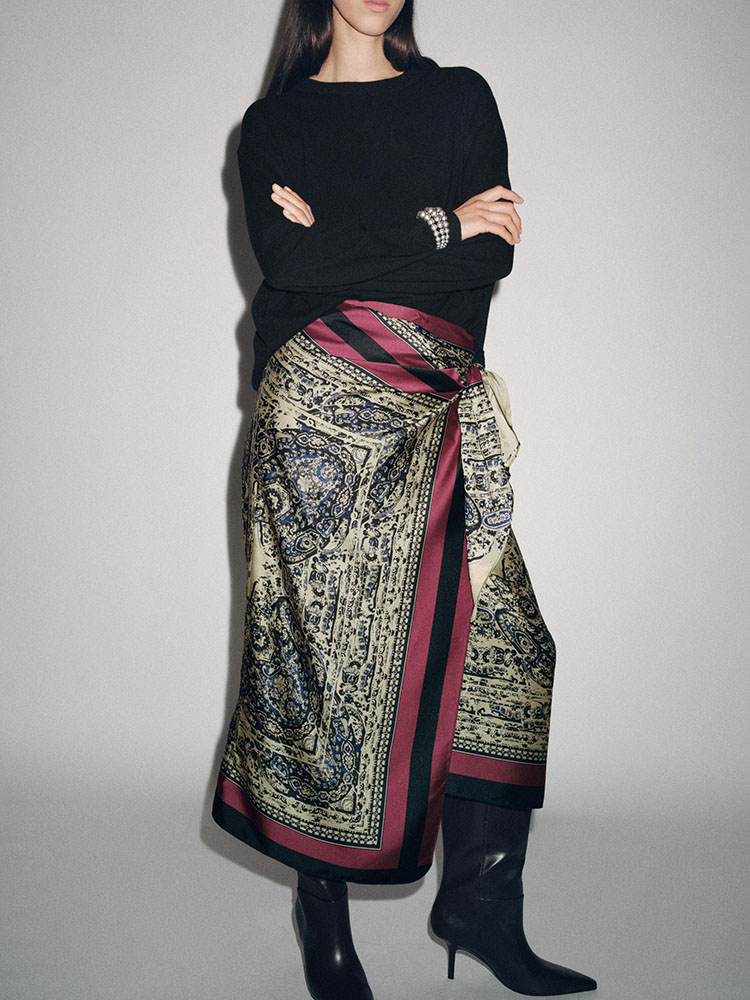 Saia Envolvente E com Estampa Paisley, Crimento Médio, Nova Chegada Outono 2025, Moda Fena Versátil, Estilo Étn...