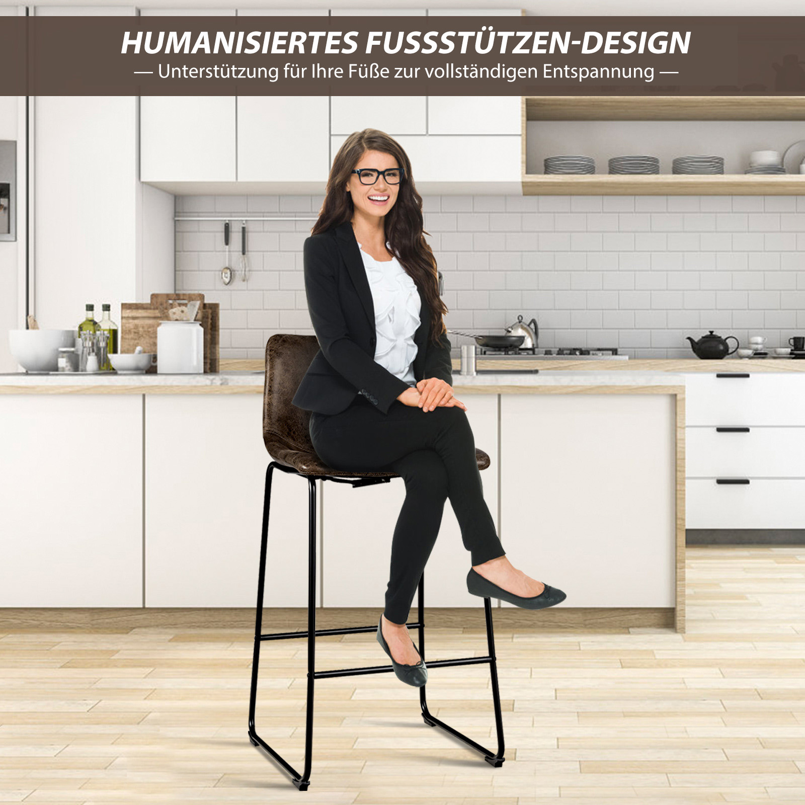 2 er Set Barhocker, Barstuhl aus Holz mit Rücklehne, Tresenhocker mit Metallbeinen & Fußstütze Sitzhöhe 75 cm, Küchenstuhl