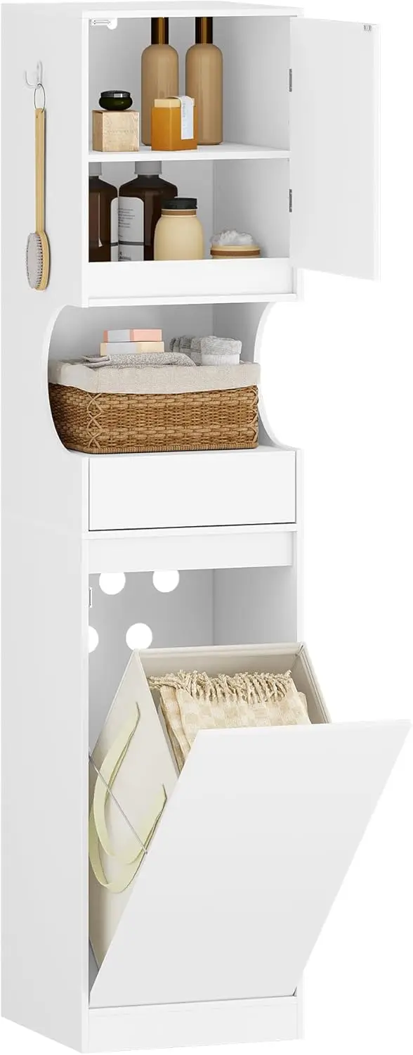 Hochschrank Badschrank, Laundry Bag, with Foldable Laundry Basket, Tür and Drawer, Adjustable Storage, 40 x 40 x 174 cm, White BC4