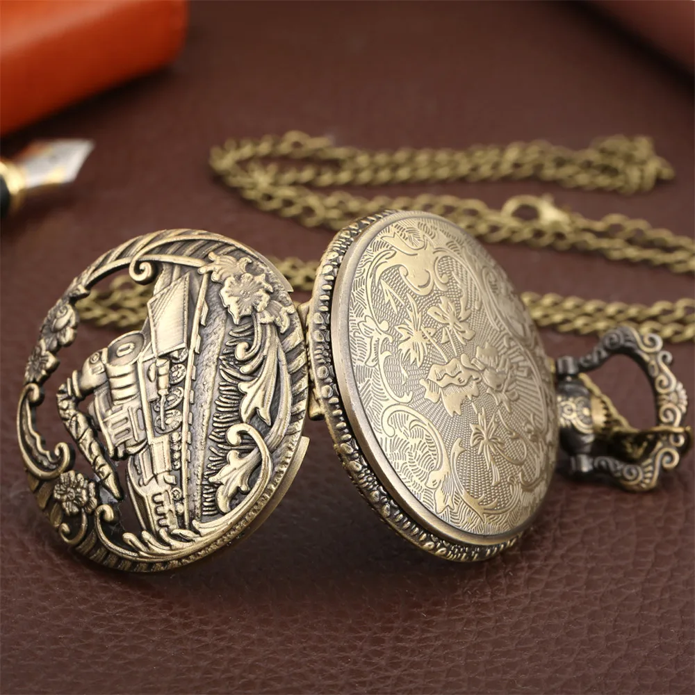 Clássico vintage steampunk trem relógio de bolso de quartzo com corrente colar moda bronze melhor presente para homens crianças relógio