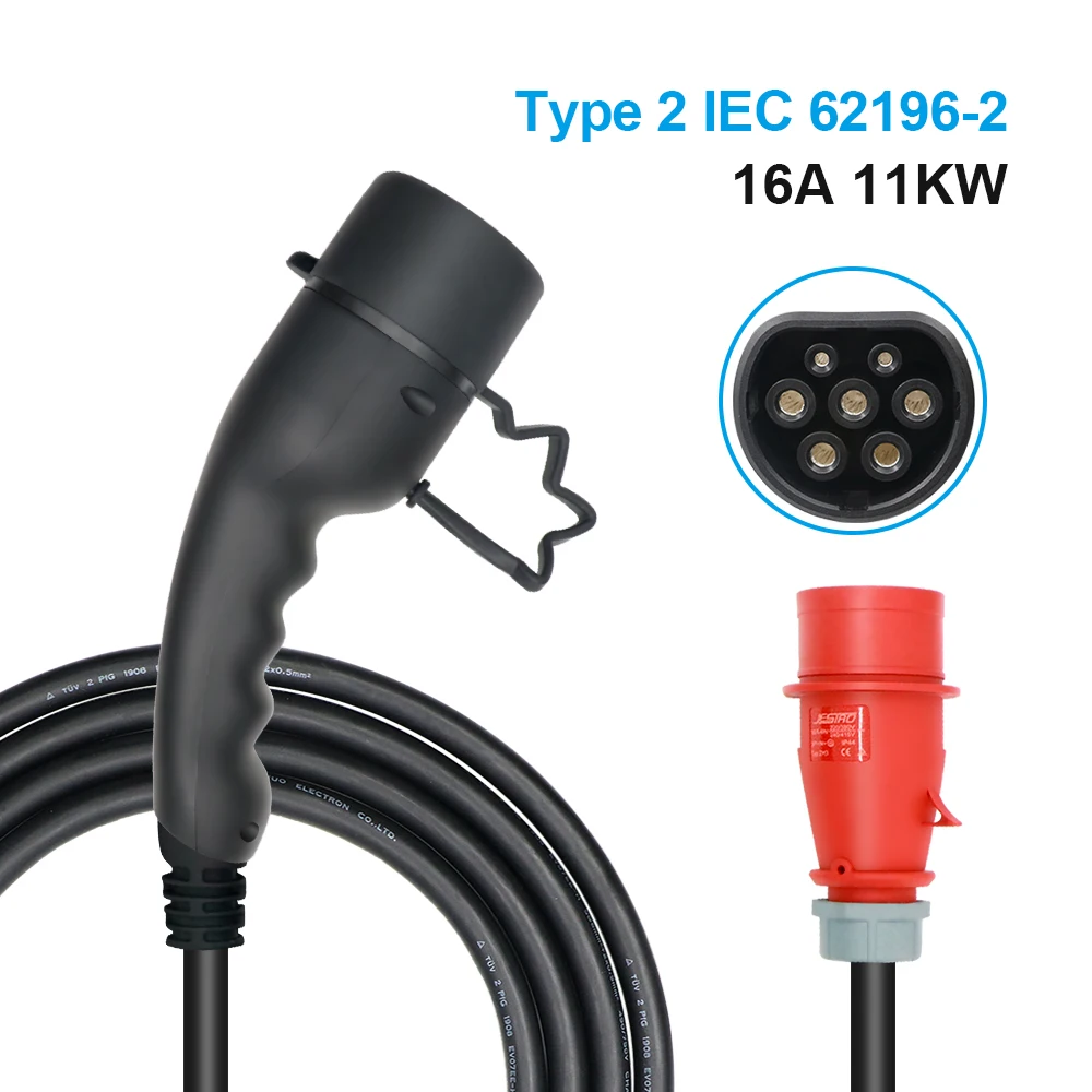 Kolanky Type2 Ajustar 16A 11KW Carregador EV Portátil Comprimento Total 5M 3 Fase EVSE Cabo de Carregamento Plugue CEE para Carro Elétrico