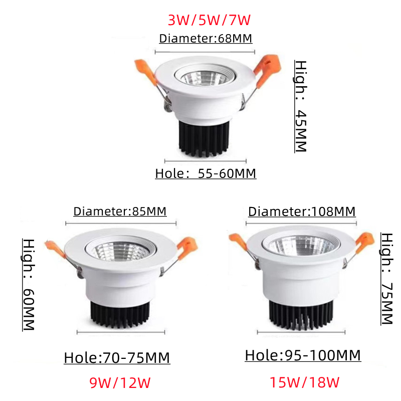 Nuevos focos LED para techo COB con ángulo ajustable, focos de 3W, 5W, 7w, 9w, 12w, 15w18w, AC85-240VD giratorio empotrado regulable