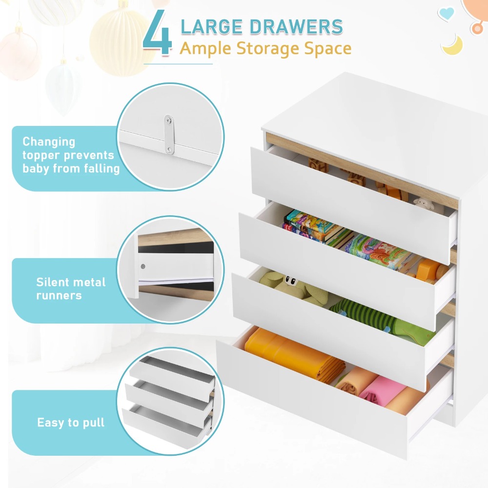 Cambiador para bebé con 4 cajones, tocador blanco con funda para cambiador, blanco, 80 x 75 x 119 cm