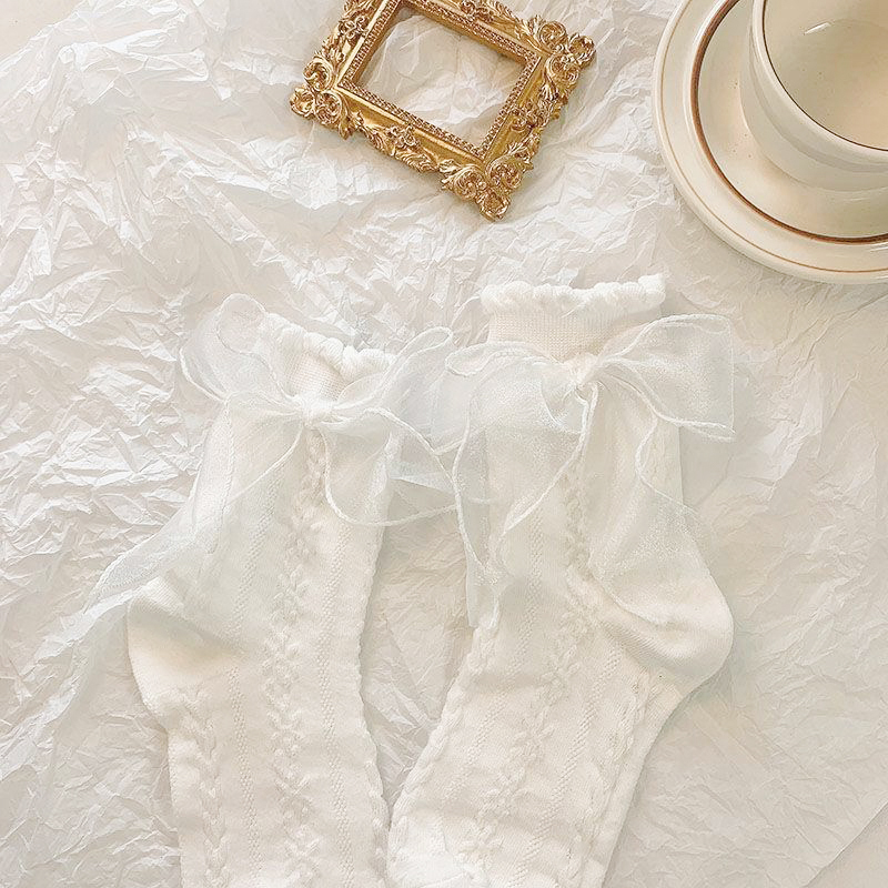5 pares de calcetines Lolita, calcetines de encaje con lazo blanco, calcetines de princesa de estilo universitario japonés de tubo medio, ropa de calle dulce JK, medias
