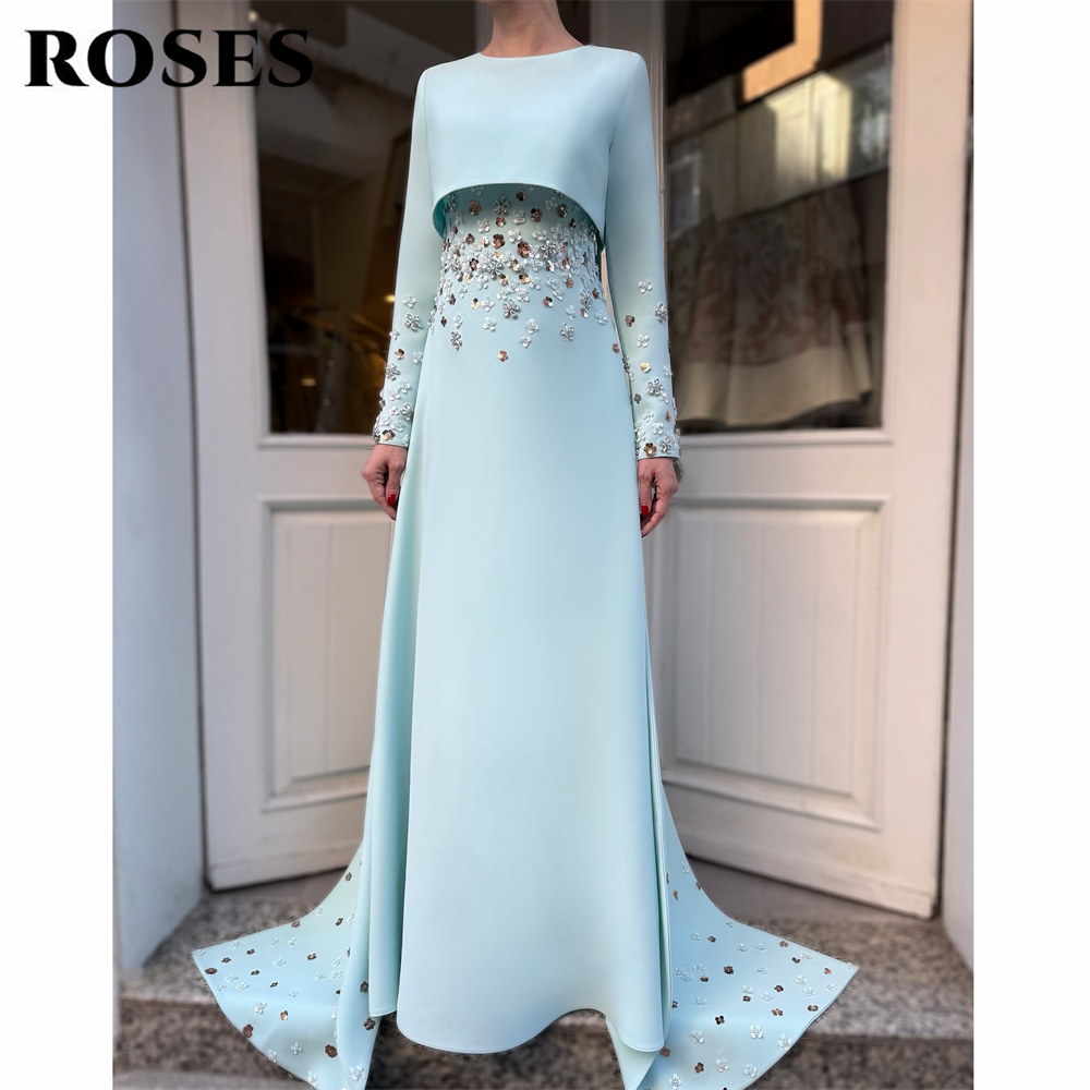ROSES Light Blue Evening Dresses O-Neck Satin Trailing Prom Dress with Embellished Waist and Embellished Long Sleeves Customized