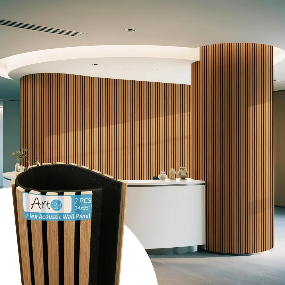 Acoustic Wood Slat Wall Panel with Roll-Flat Design - 95.3 x 23.8 Inch Sound Absorbing Panels for Living Room Columns Corr