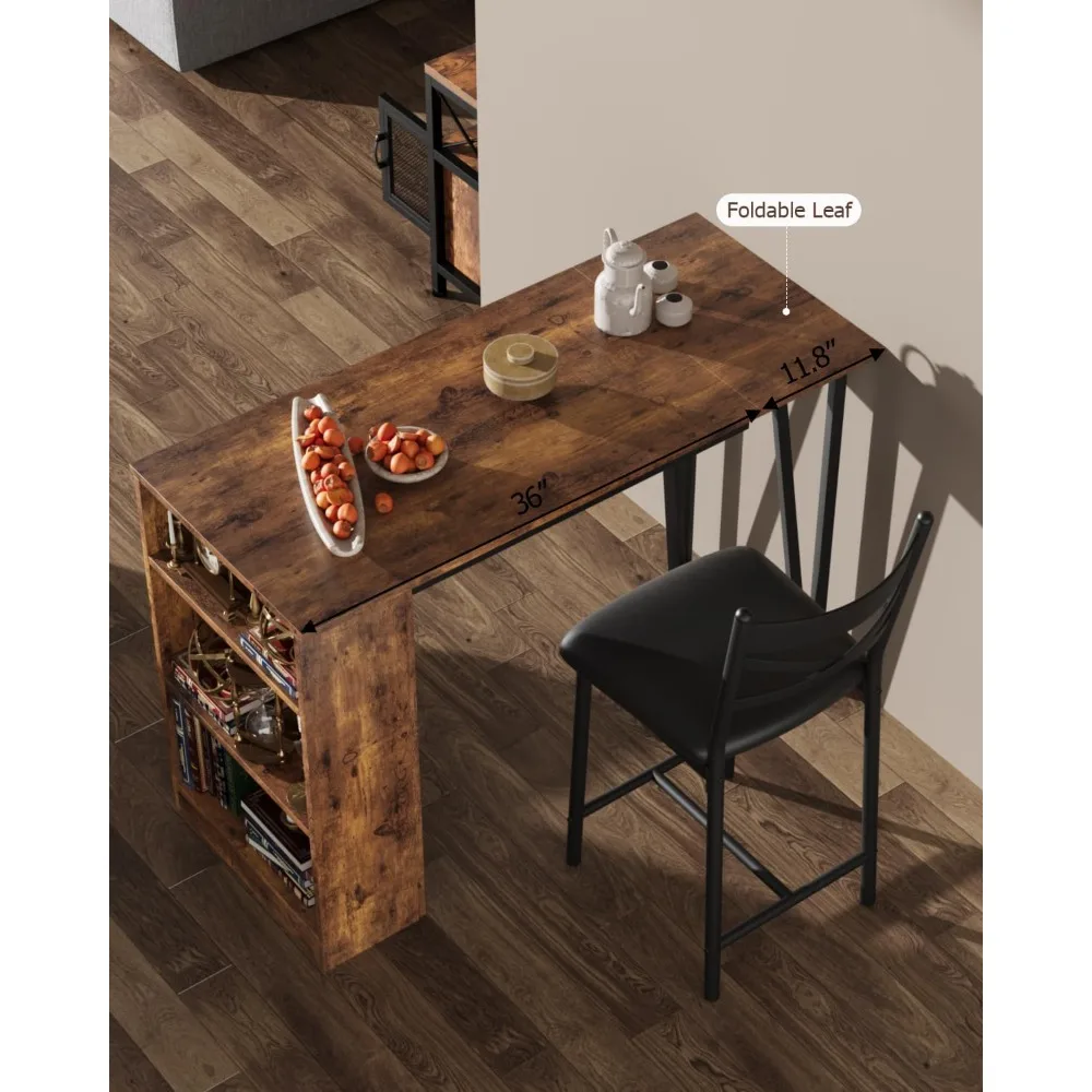 Dining Table Set for 2, 16" Wide Cushions for Comfortable Seating, Bar Table and Chairs with Flip Top Extension, Suitable