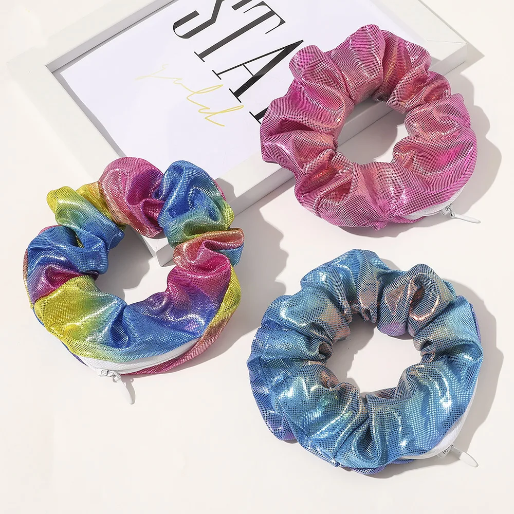 Compartimento De Armazenamento Escondido com Zip Stash, Saco De Viagem De Bolso, Pano De Laser, Arco-íris Cabelo Scrunchie, Visão Segredo Do Cabelo Gravata