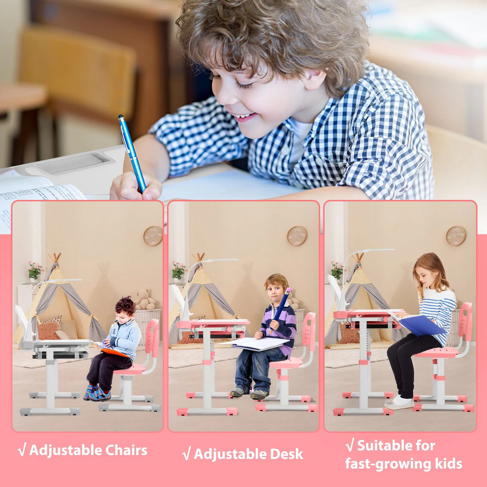 set scrivania e sedia da studio per bambini bule e rosa, scrivania da studio scolastico per bambini multifunzionale regolabile in altezza con desktop inclinabile
