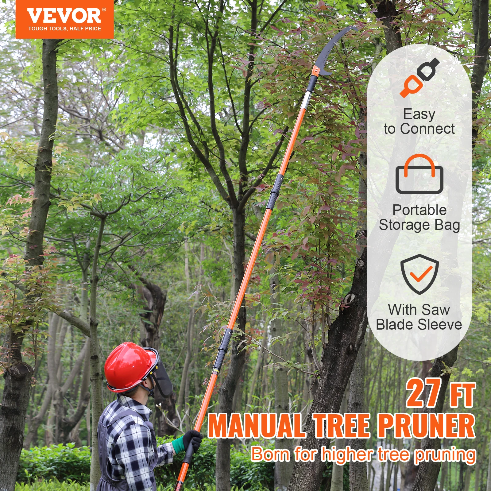VEVOR Manual Pole Saw 7.3-27 ft Extendable Tree Pruner Manual High Branches Trimmer w/ 8 Handles for Pruning Palms and Shrubs