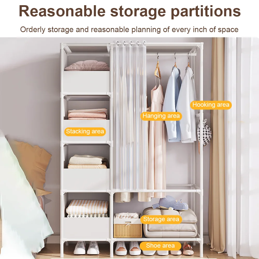 Floor-Standing Simple Wardrobes with Drawers Large Capacity Bedroom Open Storage Cabinet Dustproof Closet Rack