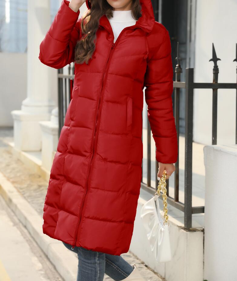 Inverno novo com capuz comprimento médio fino ajuste quente manga longa jaqueta de cor sólida para mulher, 3 cores