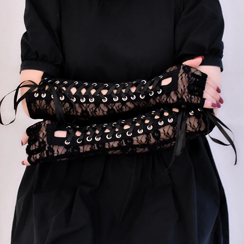 Guantes sexis de encaje Floral hasta el codo para mujer, guantes de medio dedo, cinta de hilo negro, atados para fiesta de baile, mitones de rejilla sin dedos
