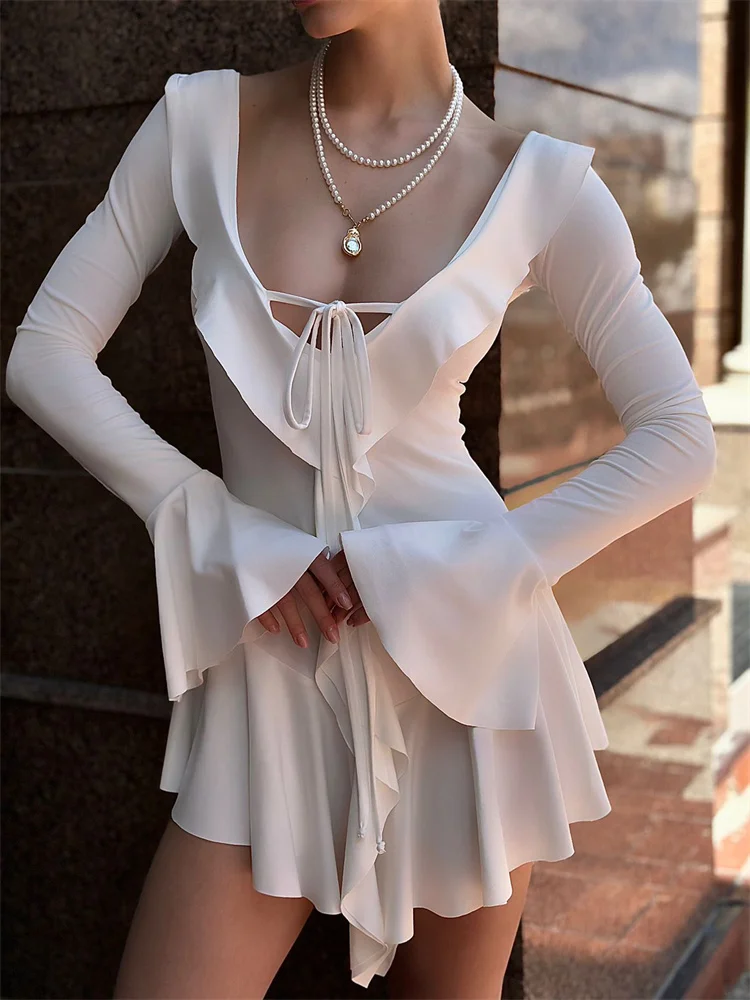 여성용 토시 프릴 레이스업 화이트 미니 원피스, V넥 패치워크 긴팔, 섹시한 슬림 원피스 붕대, 우아한 여성 여름 원피스
