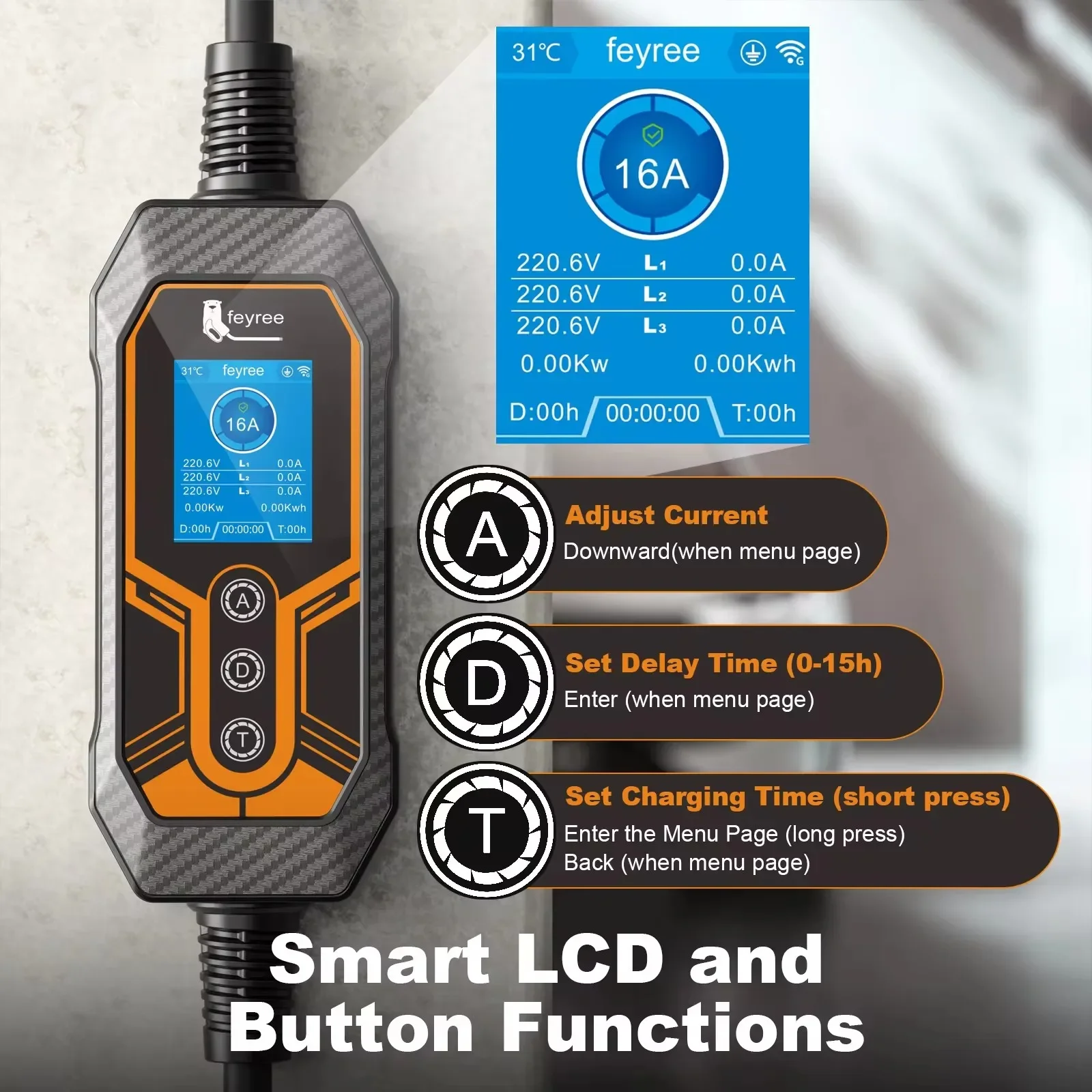 Feyree-cargador EV portátil Type2 11KW 16A, aplicación Wi-Fi trifásica, versión Bluetooth, Cable de carga EVSE, enchufe CEE de 5m para coche eléctrico