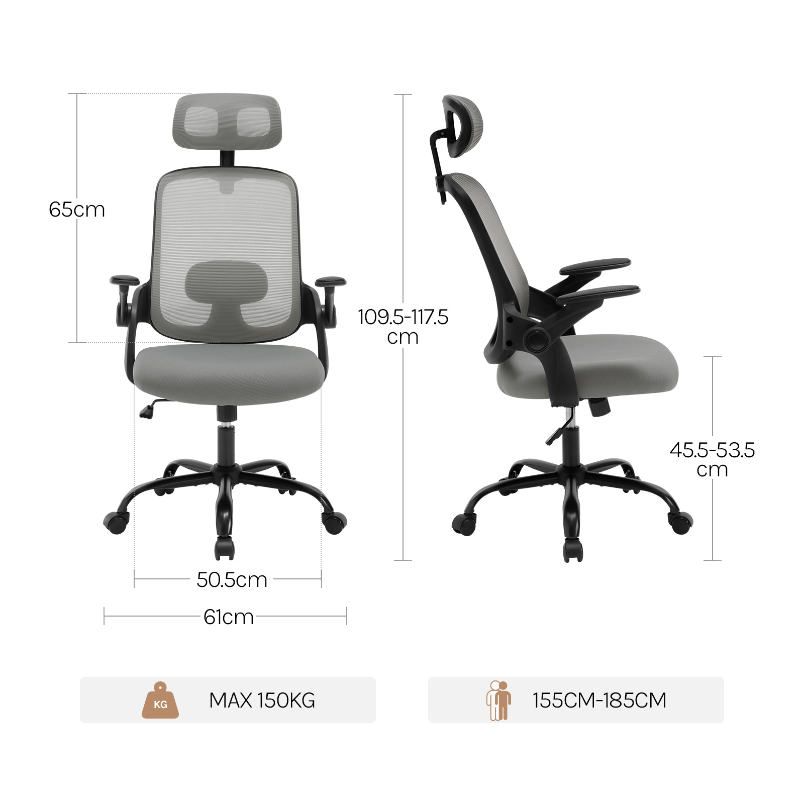 Ergonomischer Büro-Computer-PC-Schreibtischstuhl, drehbarer Netzstuhl mit Rollen, verstellbare Kopfstütze, Lordosenstütze, Heimarbeitsstuhl