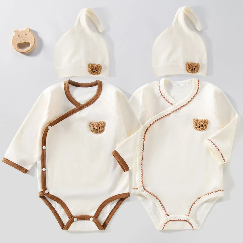 Conjunto de pelele y gorro coreano para bebé, mono de manga larga con bonito oso, mono de algodón puro para recién nacido, ropa triangular para niño pequeño