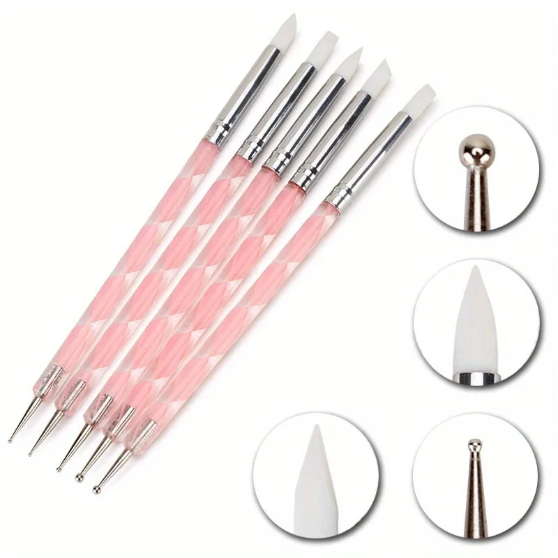 5 uds 2 vías Nail Art acrílico silicona punto flor uñas pluma herramientas de punteado de acero inoxidable rotuladores de pintura de mármol