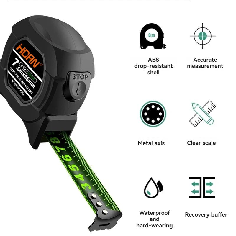 Fita métrica de 5/7.5/10m, fita métrica de aço fluorescente com travamento automático, régua resistente ao desgaste de alta precisão, ferramentas de medição