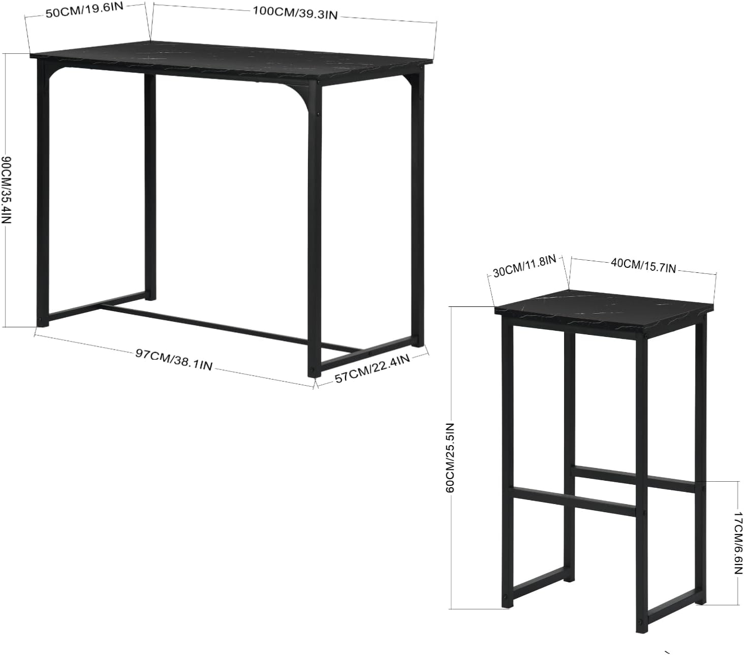 Bartisch mit Barhocker Set, Bartisch Küche mit 4 Stools, Industriestil, Bartisch 100×50×90 cm, 4 Barhocker 30×40×65 cm(Schwarz)