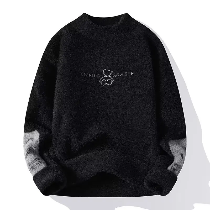เสื้อสวมหัวเสื้อสเวตเตอร์สีดำให้ความอบอุ่นสำหรับผู้ชายเสื้อถักแบบวินเทจเสื้อฮิปฮอปผ้ากำมะหยี่เสื้อคอกลมสำหรับผู้ชาย2024ใหม่