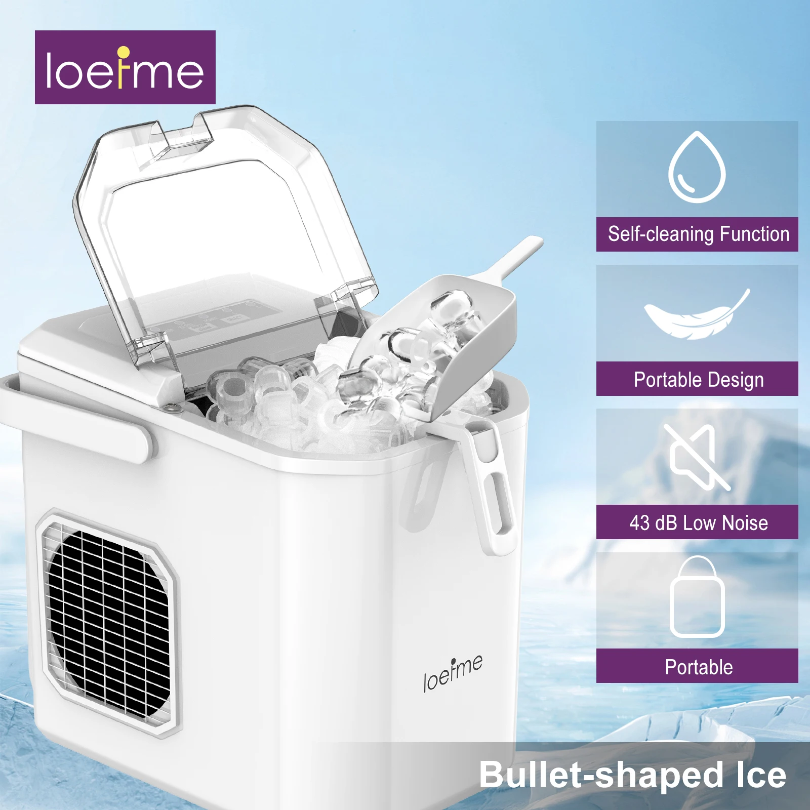 Loefme Ice Maker Cubes Machine Small Automatic Cleaning Bullet Shaped Ice Makers Fast Ice Making For Households Caffee Camping
