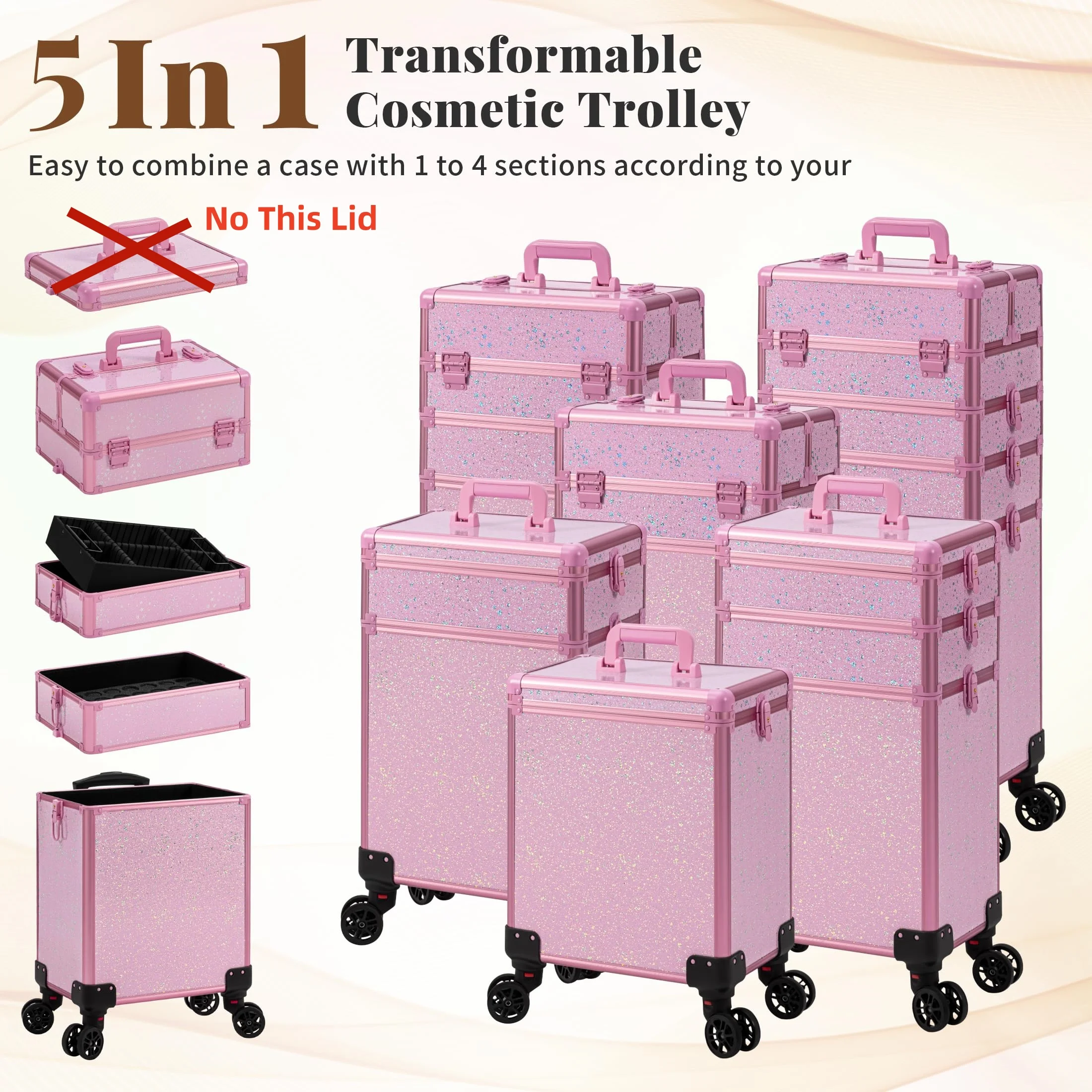 แต่งหน้ารถเข็นที่ถอดออกได้ 4 in 1 รถไฟกระเป๋าเอกสารสําหรับเล็บล้อล็อค Salon ขนาดใหญ่ความจุกรณี