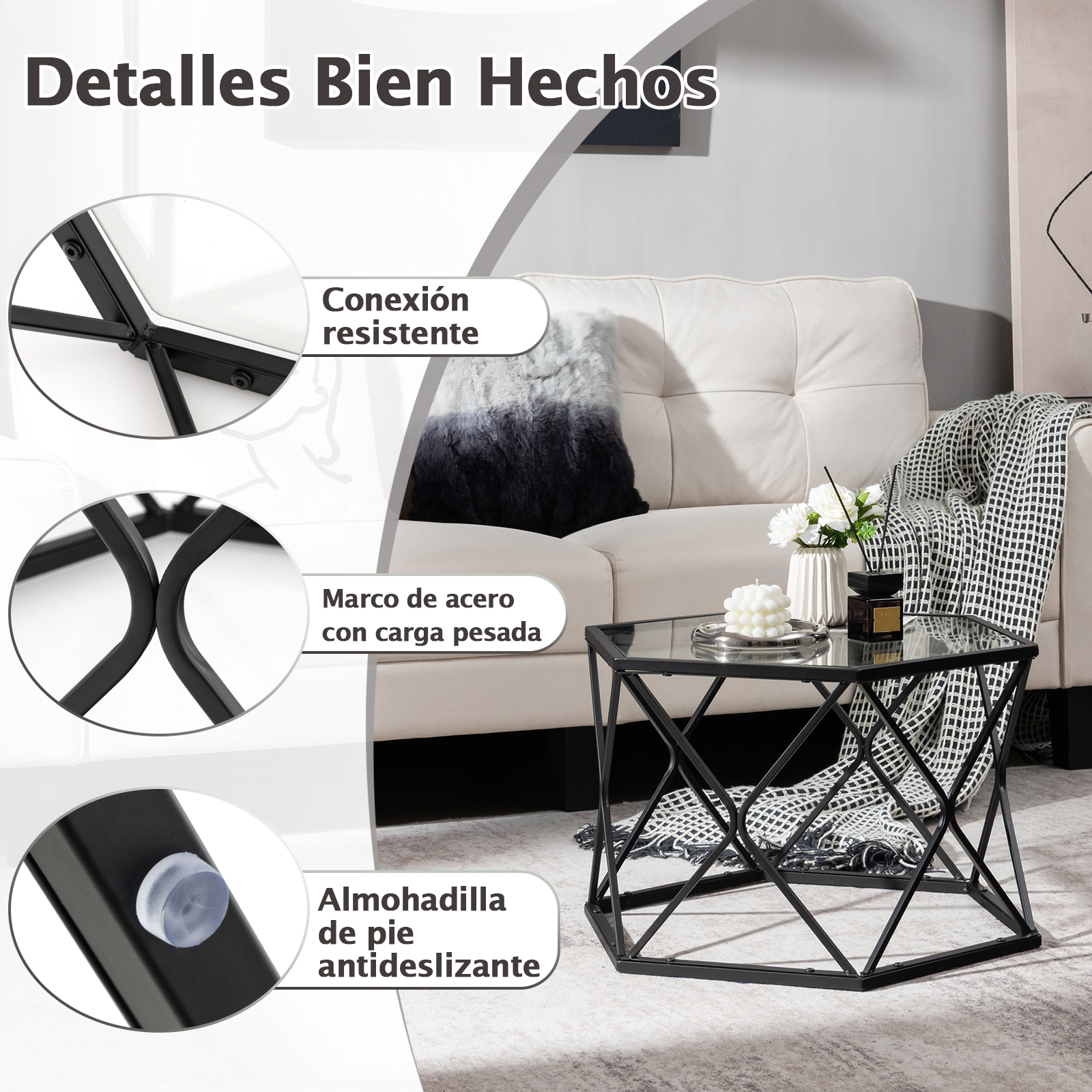 Mesa Auxiliar de Cristal, Mesa de Centro Geométrica Industrial, Mesa Redonda con Patas de Metal, Mesita de Sofá Moderna para Salón, Terraza y Dormitorio, Capacidad hasta 15 kg, 65 x 40 x 56 cm