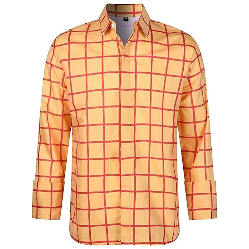 Camisa de manga larga para hombre, camisa informal de Color a cuadros con solapa estampada en 3D, novedad de verano, ropa informal de moda para hombre, Tops Unisex