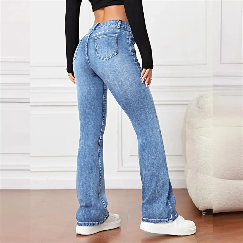 ผู้หญิงใหม่ Casual Micro Flares กางเกงยีนส์วินเทจกลางเอวปุ่ม Splice DENIM กางเกงสํานักงานหญิง COMMUTER กางเกงแนวโน้ม Streetwear