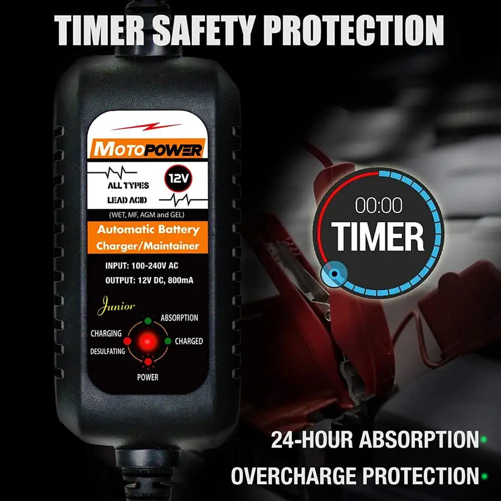 Motopower-carregador de bateria inteligente, 12v 800ma, para carro e moto