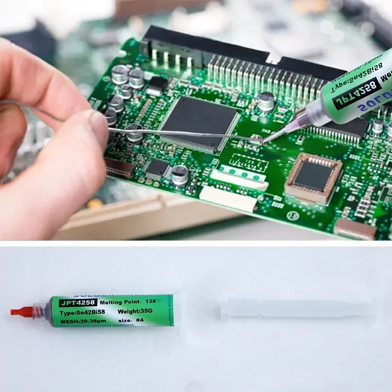 Pasta de soldadura SMD Sn42Bi58 138 ℃ Jeringa de baja temperatura sin pasta de soldadura limpia para reparación de componentes de teléfono