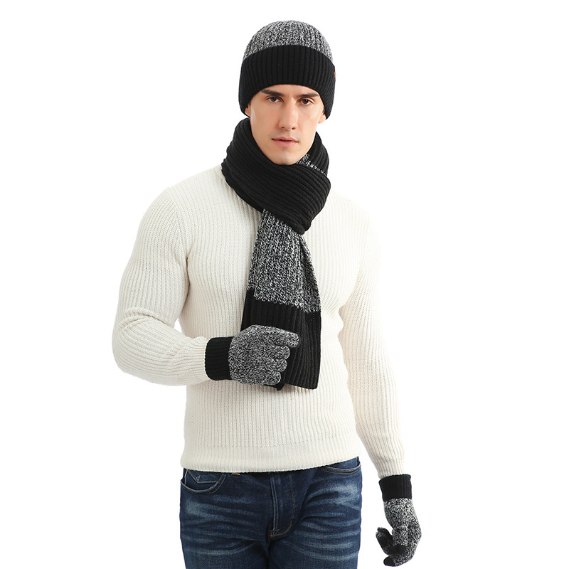 Conjunto para mantener el calor de otoño e invierno para hombre, gorro Unisex, guantes, bufanda, silenciador de punto de hilo de lana para hombre, sombrero de Color de contraste para primavera y otoño