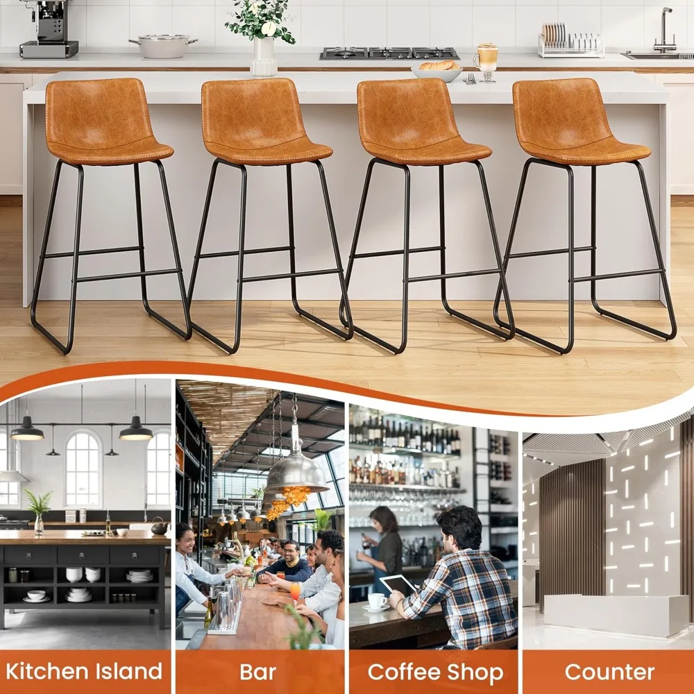 Bar Stools Set of 2, PU Leather Counter Height Bar Stools, 26" Modern Barstools with Metal Legs and Footrest, Urban Armless