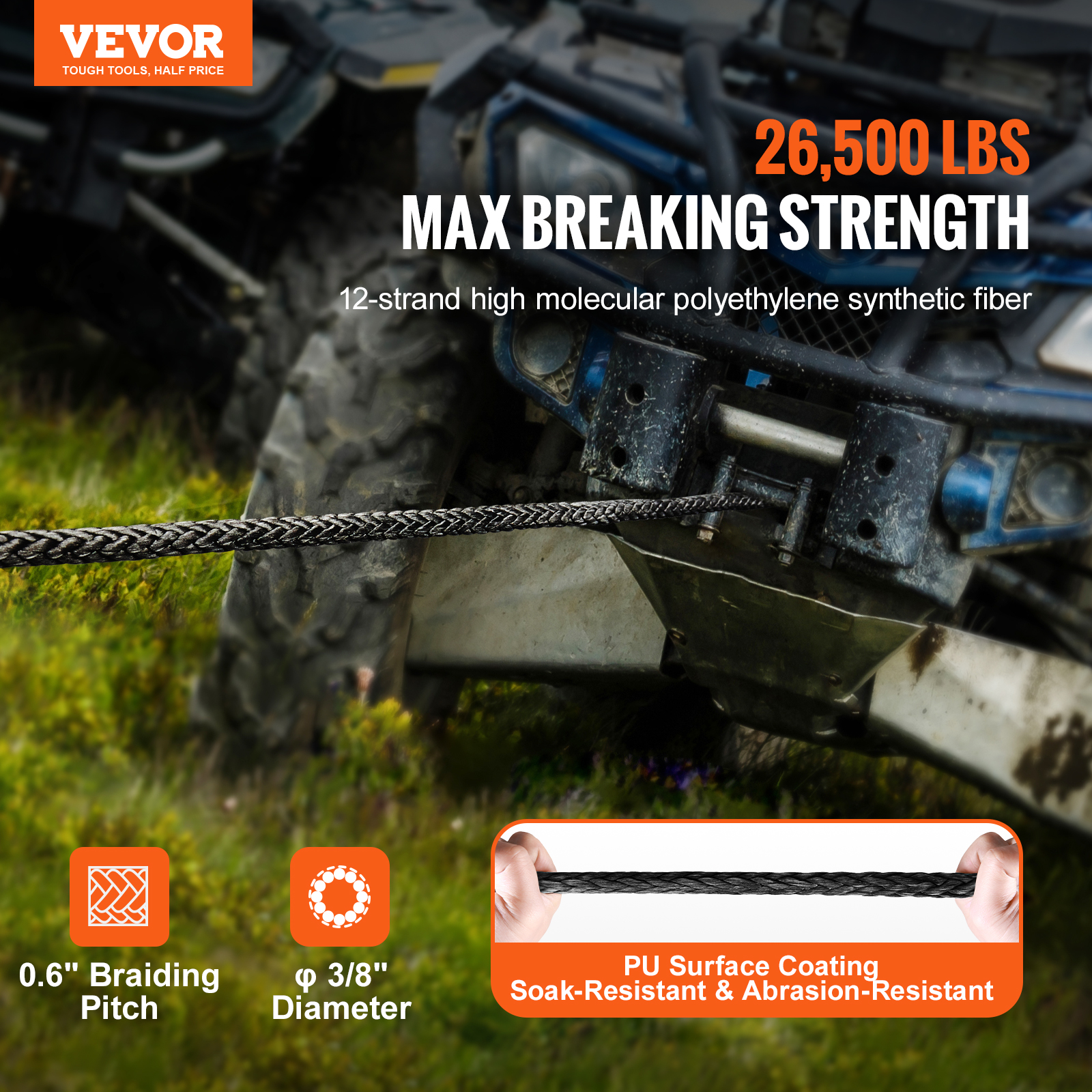 VEVOR Kunststoffseil 9,5 mm x 25,9 m Seilwinde Synthetikseil aus 12 Strängen hochmolekularer Polyethylenfasern Windenseil Powerline ideal zum Ziehen von ATVs UTVs Autos SUVs und großen Offroadern