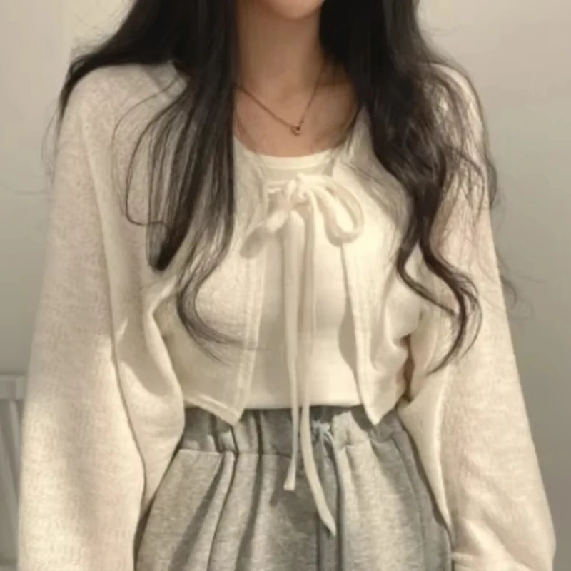 Dünne weiße Strickjacke für Damen, Sommer, Sonnenschutz, Schnür-Strickwaren, Tops, Dame, koreanischer Stil, lässig, Laternenärmel, kurzes, sonnengeschütztes Oberteil