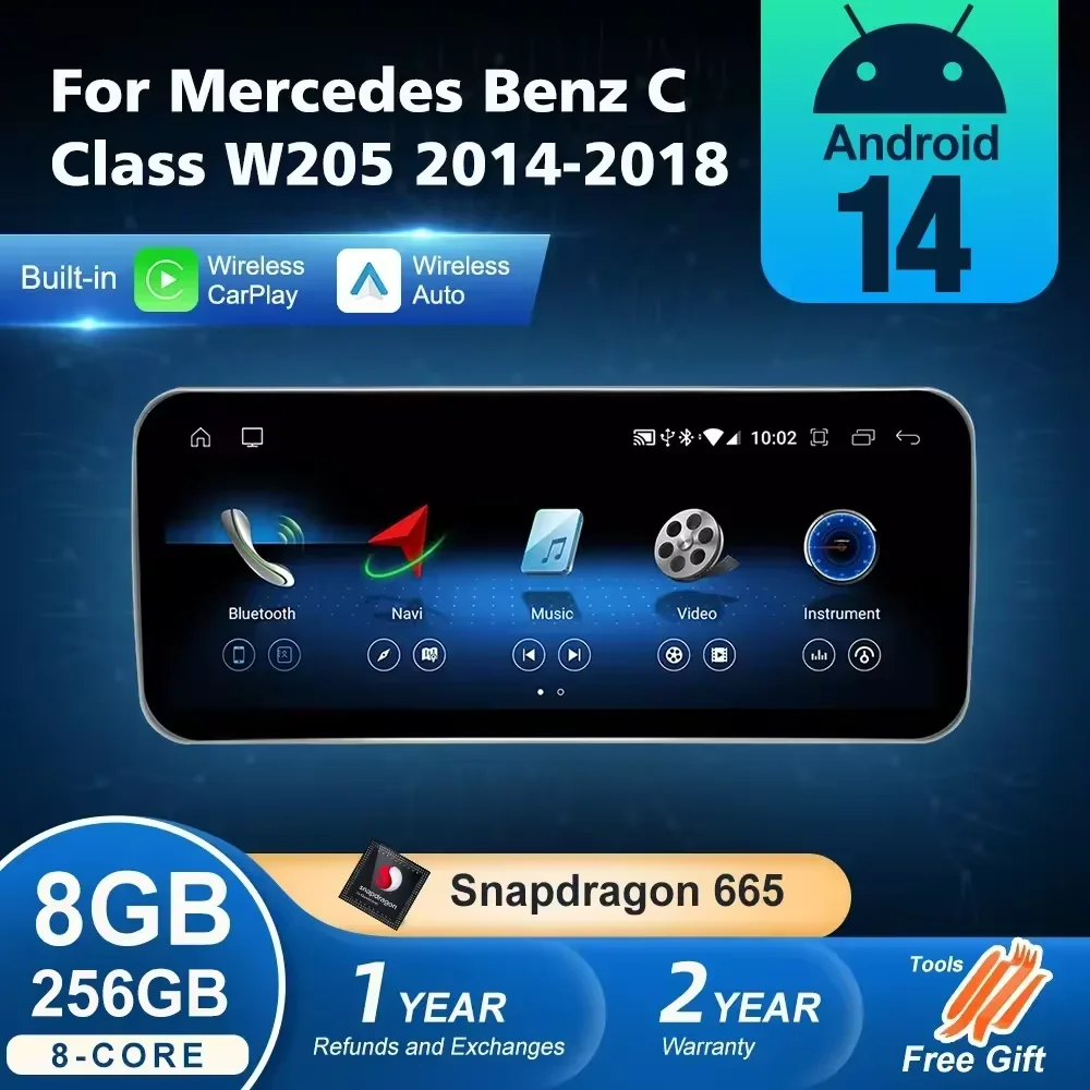 Android 14 inalámbrico Auto CarPlay para Mercedes Benz Clase C W205 2014-2018 navegación Multimedia para coche GPS SWC DSP 4G WiFi