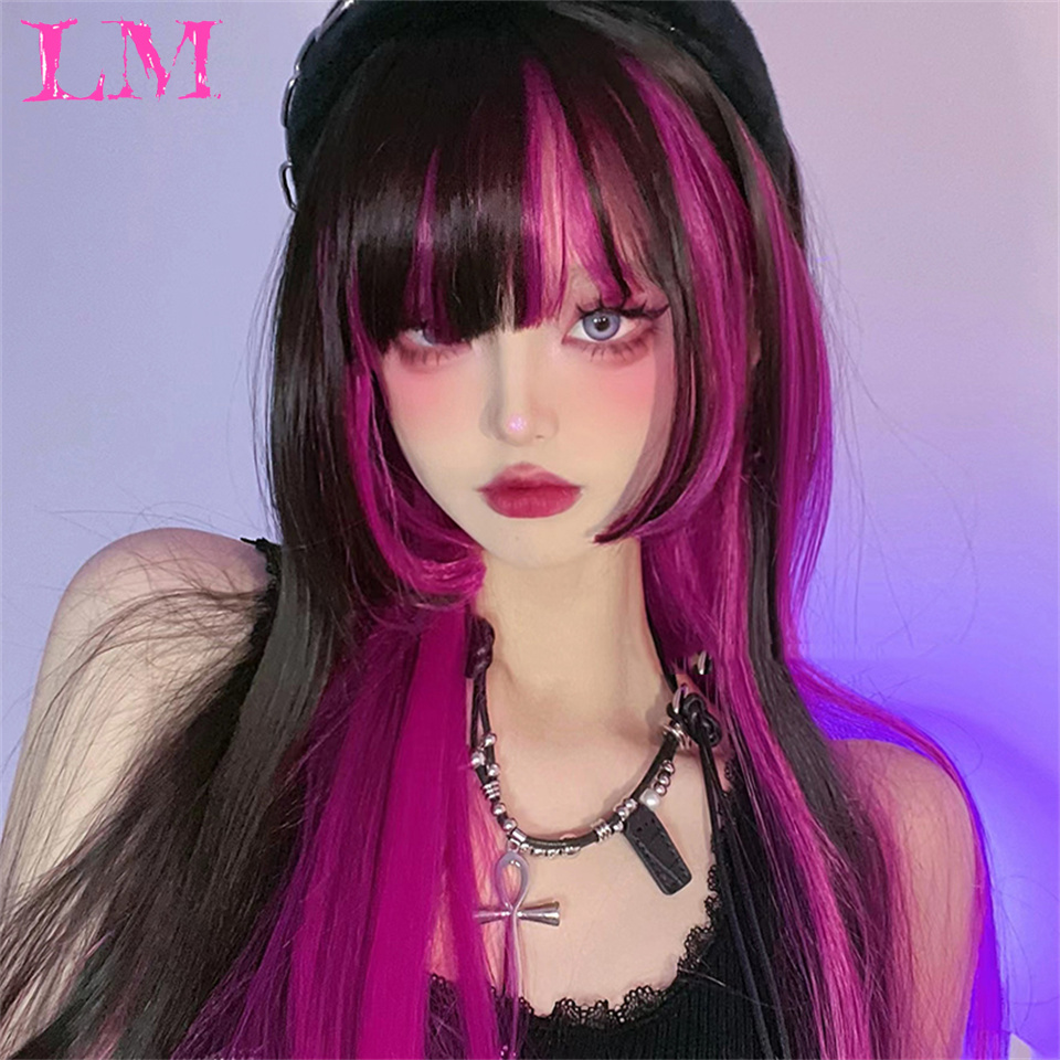 Lm preto e rosa peruca de cabelo reto sintético longo ondulado perucas com franja para mulheres cosplay fibra natural de alta temperatura