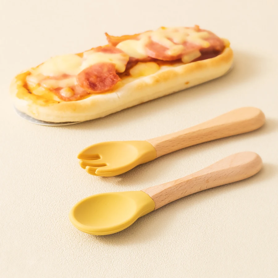 2 個ベビー学習スプーン食器セット食品グレードの木製ハンドルシリコーンスプーンフォークカトラリートレーニングスプーン給餌食器
