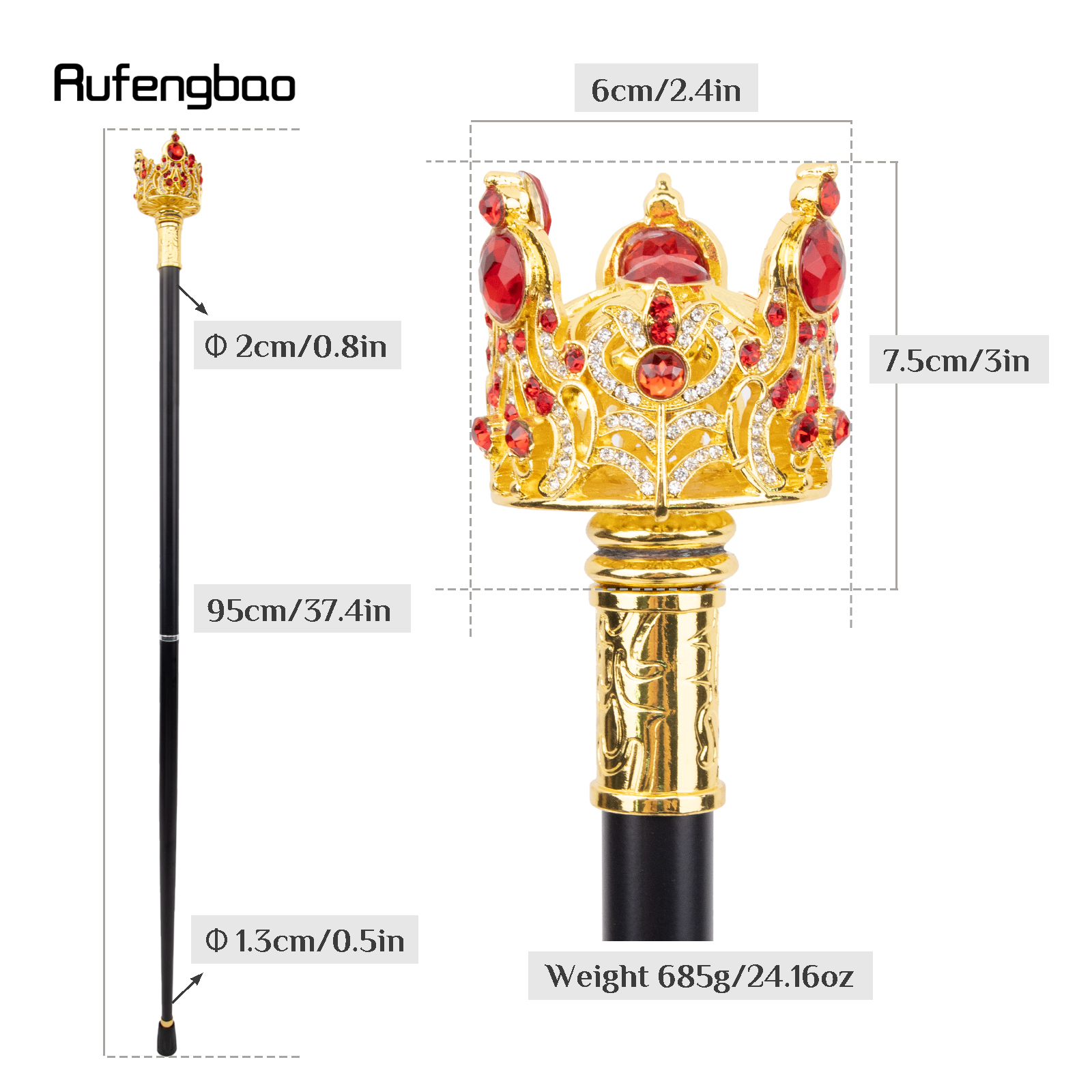 Golden Red Crown ประดิษฐ์เพชรเดิน Cane แฟชั่นตกแต่งเดิน Stick สุภาพบุรุษ Elegant คอสเพลย์ Cane Crosier 95 ซม