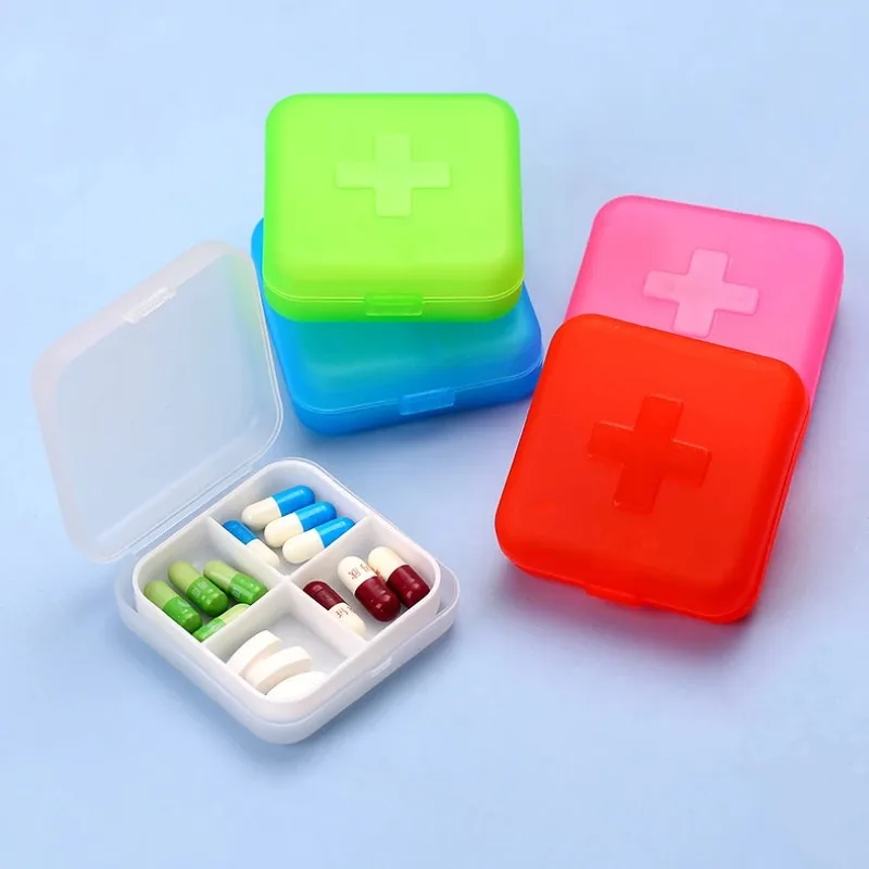 4Grids Cross Print Pill Box Portable Mini Plastic Pill Storage Pure Color Pocket Medicine Box Outdoor Home Pill Case