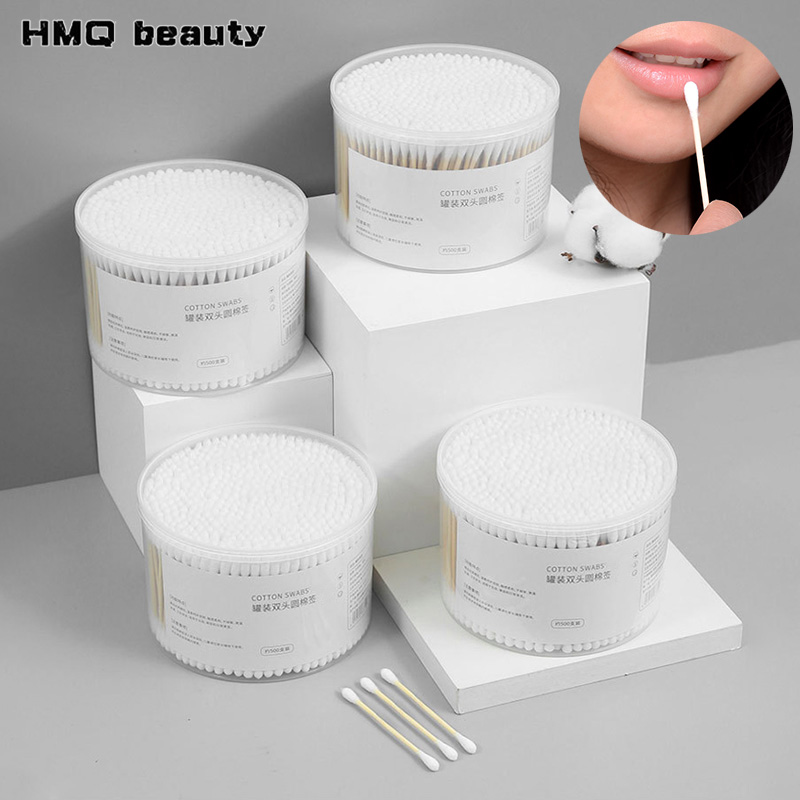 Bastoncillos de algodón de cabeza redonda para mujer, bastoncillos de algodón de maquillaje de doble cabeza para palos de madera, herramienta de cuidado de la salud para limpieza de nariz y oídos, 1500/500 Uds.