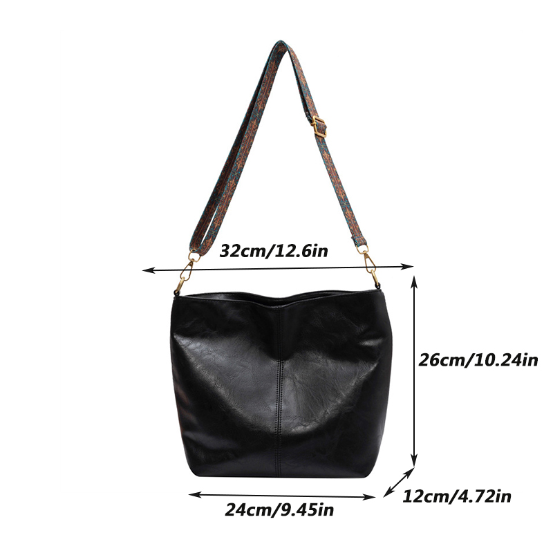 Vintage Solide Couleur PU Cuir Femmes Mode Épaule Sling Sac Simple Sangle Large Seau Sac À Bandoulière