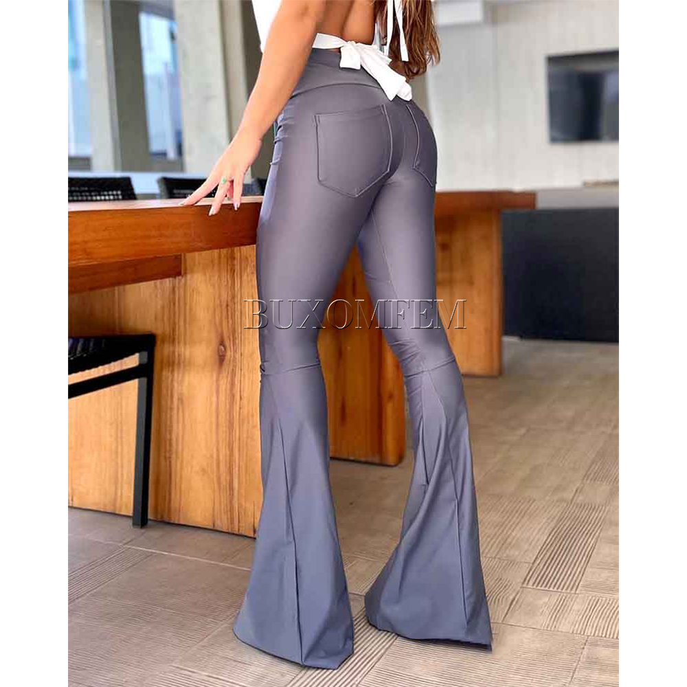 ยืดหยุ่นซิป Flared Tights SLIM FIT สไตล์วินเทจกางเกงขาตรงห่อสะโพกสบายๆทุกวันกางเกงกางเกงเอวสูงผู้หญิง