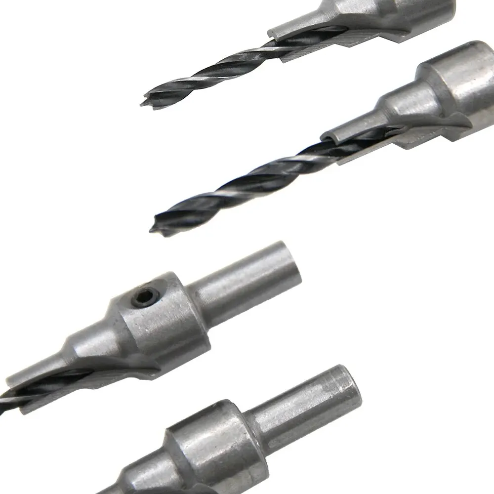 2PC Two Edge Three Step Woodworking Three Point Countersunk Hole Drill 4/5mm Self Centering Cone Hole Drill Bit Wrench Tool Set