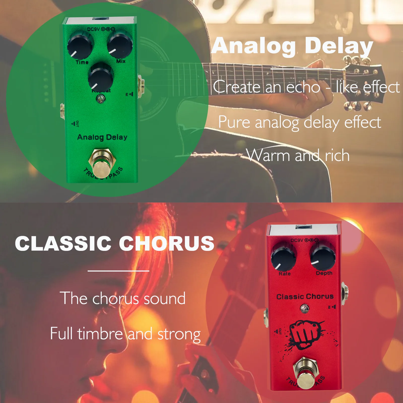 Pedal de guitarra eléctrica Overdrive/Distorsión/Chorus/Delay/Tremolo/Analog Delay True Bypass, diseño duradero para tonos versátiles